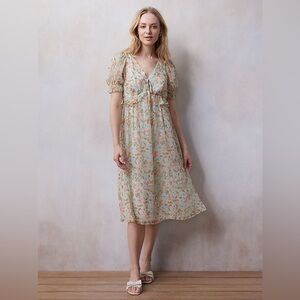 NWT LC Lauren Conrad Floral Print Pleated Empire Waist Chiffon V-Neck Midi Dress